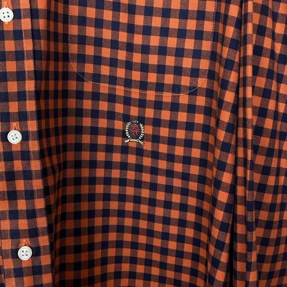 VTG Tommy Hilfiger Button Up Shirt Orange Navy Check Men XL Recently Dry Cleaned - Picture 2 of 6